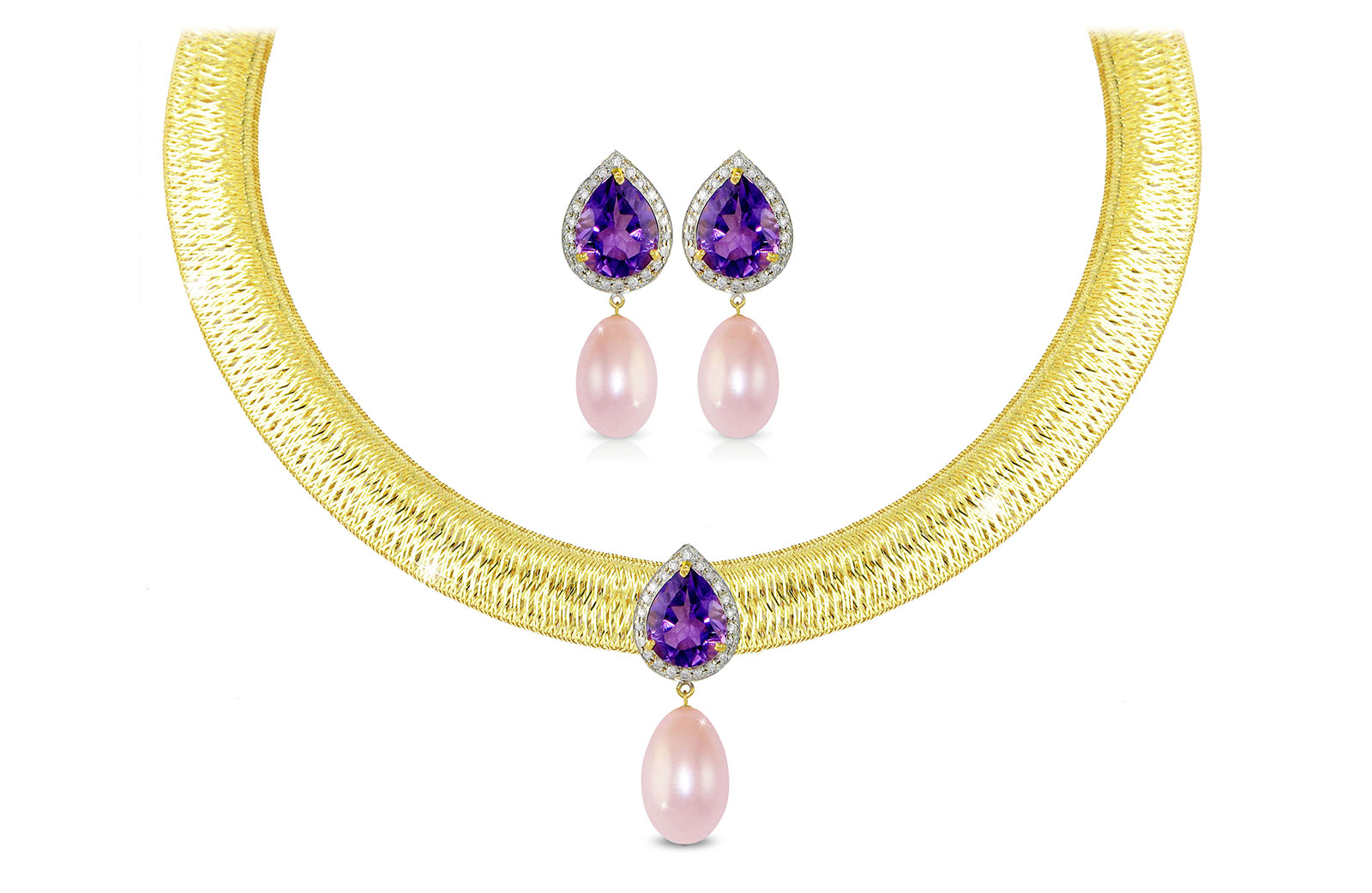Vera Perla 18K Gold 0.36ct Diamonds, Amethyst and 13mm Purple Pearl Jewelry Set - 2 pcs.